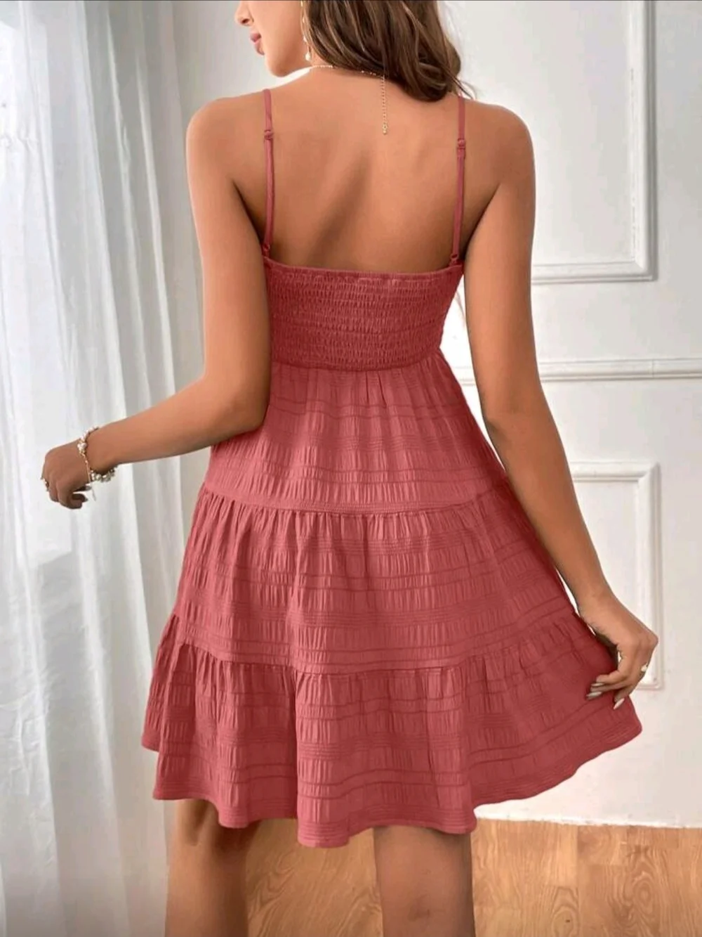 SHEIN Dusty Rose Smocked Tiered Spaghetti Strap Mini Dress - Picture 5 of 15